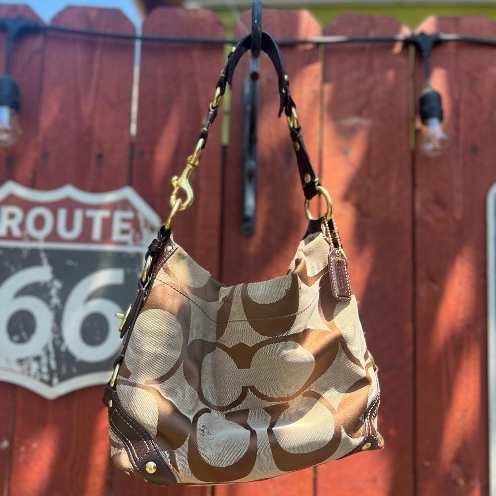 Coach Signature Brown and Cream Shoulder Bag